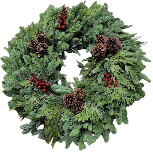 24" Noble Fir Wreath w/ Pinecones and artificial red berries