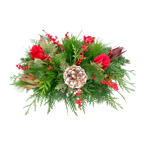 Red Centerpiece w/Frosted Pinecones