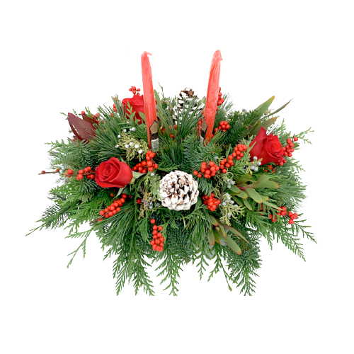 Red Christmas Centerpiece w/ Frosted Pinecones and Two Candles